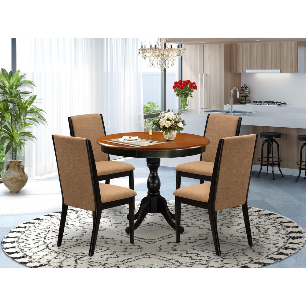 East West Furniture 5Piece Dinning Room Set Contains a Round Dining Table and 4 Light Sable Linen Fabric Upholstered Dining Cha