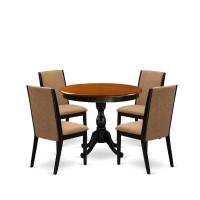 East West Furniture 5Piece Dinning Room Set Contains a Round Dining Table and 4 Light Sable Linen Fabric Upholstered Dining Cha