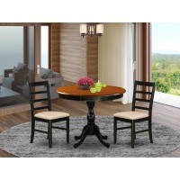 East West Furniture 3Pc Modern Dining Table Set Includes a Round Kitchen Table and 2 Linen Fabric Dining Room Chairs with Ladde