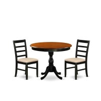 East West Furniture 3Pc Modern Dining Table Set Includes a Round Kitchen Table and 2 Linen Fabric Dining Room Chairs with Ladde