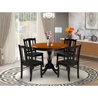 East West Furniture 5Piece Modern Dining Set Includes a Round Wood Table and 4 Dining Room Chairs with Slatted Back Black Fin