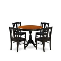 East West Furniture 5Piece Modern Dining Set Includes a Round Wood Table and 4 Dining Room Chairs with Slatted Back Black Fin