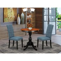 East West Furniture 3Piece Dining Room Table Set Consist of Dining Table and 2 Blue Linen Fabric Upholstered Chairs with Button