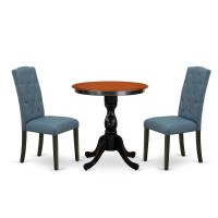 East West Furniture 3Piece Dining Room Table Set Consist of Dining Table and 2 Blue Linen Fabric Upholstered Chairs with Button