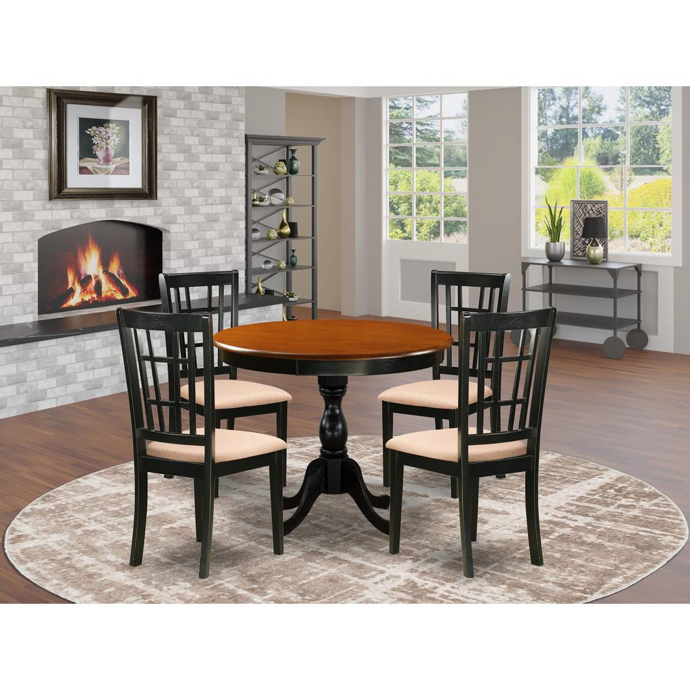 East West Furniture 5Piece Modern Dining Set Consists of a Mid Century Dining Table and 4 Linen Fabric Dinning Room Chairs with