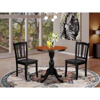 East West Furniture 3Piece Mid Century Dining Set Consist of Round Table and 2 Wooden Chairs with Slatted Back Black Finish