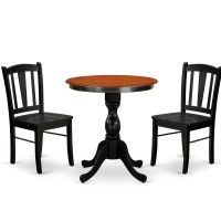 East West Furniture 3Piece Mid Century Dining Set Consist of Round Table and 2 Wooden Chairs with Slatted Back Black Finish