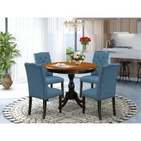 East West Furniture 5Piece Kitchen Dining Table Set Includes a Round Dining Table and 4 Blue Linen Fabric Kitchen Chairs with B