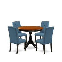 East West Furniture 5Piece Kitchen Dining Table Set Includes a Round Dining Table and 4 Blue Linen Fabric Kitchen Chairs with B