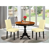 East West Furniture 3Pc Dining Room Set Consists of a Mid Century Dining Table and 2 Eggnog PU Leather Parsons Chairs with High