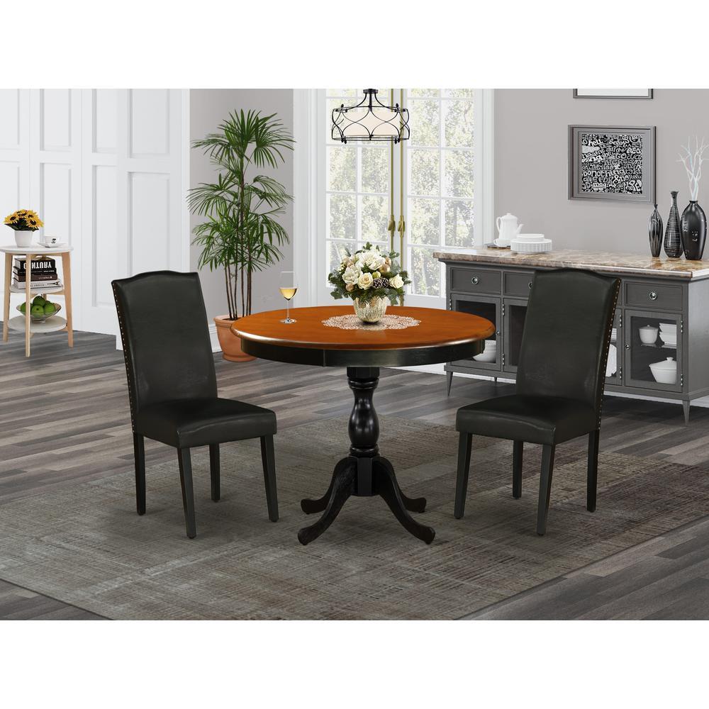 East West Furniture 3Piece Dinner Table Set Includes a Kitchen Dining Table and 2 Black PU Leather Padded Chairs with High Back