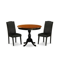 East West Furniture 3Piece Dinner Table Set Includes a Kitchen Dining Table and 2 Black PU Leather Padded Chairs with High Back