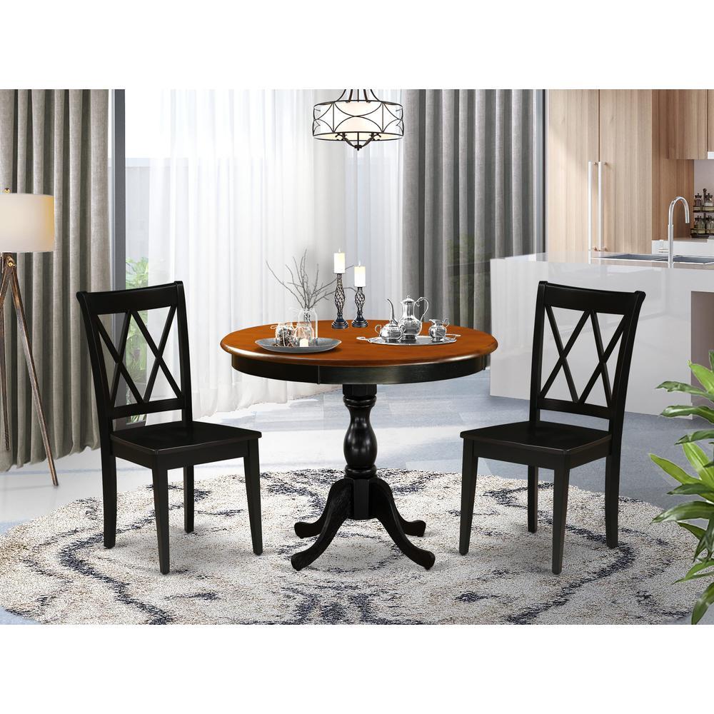 East West Furniture 3Piece Dinning Room Set Contains a Wooden Table and 2 Wooden Dining Chairs with DoubleX Back Black Finis