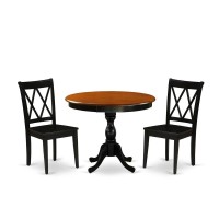 East West Furniture 3Piece Dinning Room Set Contains a Wooden Table and 2 Wooden Dining Chairs with DoubleX Back Black Finis