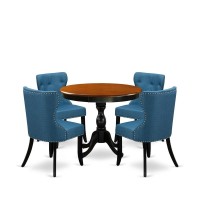 East West Furniture 5Piece Dining Table Set Contains a Mid Century Dining Table and 4 Blue Linen Fabric Midcentury Modern Dinin