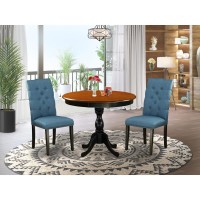 East West Furniture 3Pc Dining Table Set Includes a Wooden Dining Table and 2 Blue Linen Fabric Parson Chairs with Button Tufte