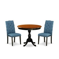 East West Furniture 3Pc Dining Table Set Includes a Wooden Dining Table and 2 Blue Linen Fabric Parson Chairs with Button Tufte