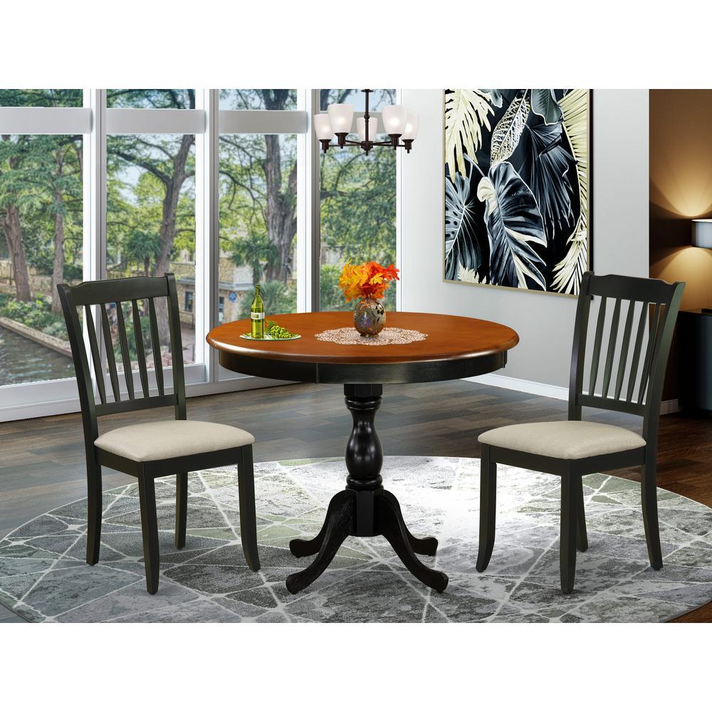 East West Furniture 3Pc Dinning Room Set Includes a Wood Dining Room Table and 2 Linen Fabric Mid Century Dining Chairs with Sl