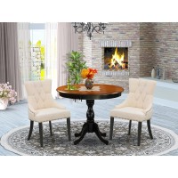 East West Furniture 3Pc Dining Table Set Consists of a Kitchen Table and 2 Light Beige Linen Fabric Upholstered Chairs with But