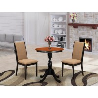 East West Furniture 3Piece Dinner Table Set Include a Wood Table and 2 Light Sable Linen Fabric Padded Chairs with Stylish High