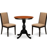 East West Furniture 3Piece Dinner Table Set Include a Wood Table and 2 Light Sable Linen Fabric Padded Chairs with Stylish High