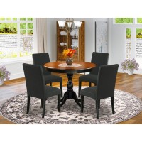 East West Furniture 5Piece Round Dining Set Includes a Wooden Dinner Table and 4 Black Linen Fabric Parson Dining Chairs with H