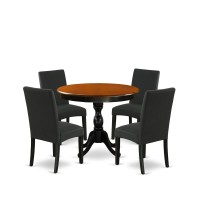 East West Furniture 5Piece Round Dining Set Includes a Wooden Dinner Table and 4 Black Linen Fabric Parson Dining Chairs with H