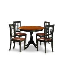 East West Furniture 5Piece Dinette Set consisting of a Wood Table and 4 Faux Leather Dinner Chairs with Slatted Back Black Fin