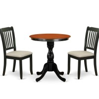 East West Furniture 3Piece Dining Table Set Include a Wood Table and 2 Linen Fabric Kitchen Chairs with Ladder Back Black Fin