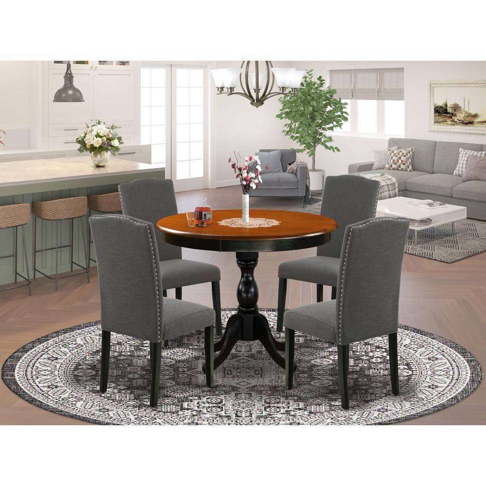 East West Furniture 5Pc Round Kitchen Table Set Contains a Wood Kitchen Table and 4 Dark Gotham Grey Linen Fabric Kitchen Chair