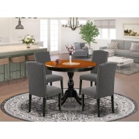 East West Furniture 5Pc Round Kitchen Table Set Contains a Wood Kitchen Table and 4 Dark Gotham Grey Linen Fabric Kitchen Chair