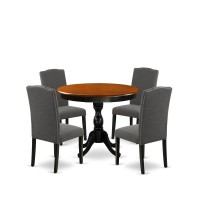 East West Furniture 5Pc Round Kitchen Table Set Contains a Wood Kitchen Table and 4 Dark Gotham Grey Linen Fabric Kitchen Chair