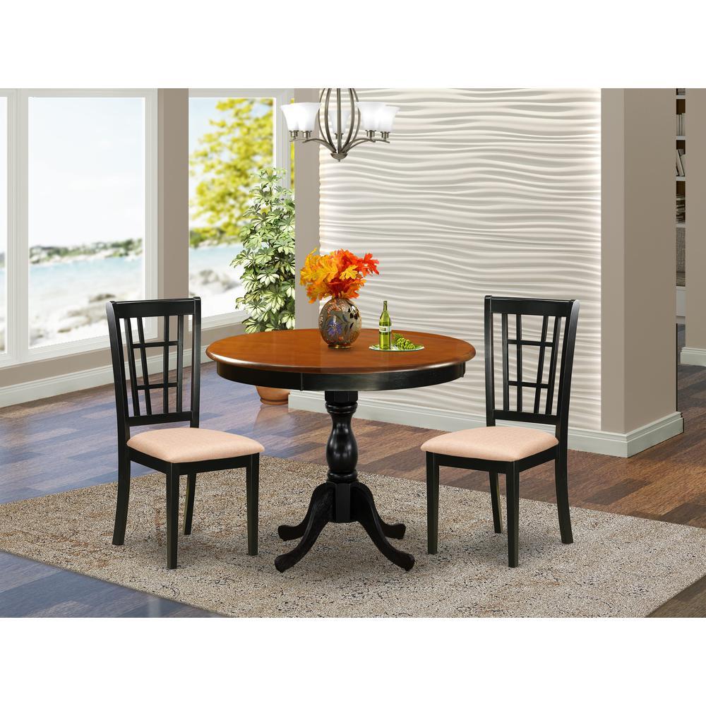 East West Furniture 3Pc Dinning Table Set Consists of a Modern Kitchen Table and 2 Linen Fabric Mid Century Chairs with Slatted