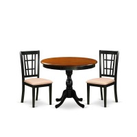 East West Furniture 3Pc Dinning Table Set Consists of a Modern Kitchen Table and 2 Linen Fabric Mid Century Chairs with Slatted