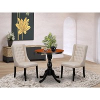 East West Furniture 3Piece Mid Century Dining Set Consist of Dining Table and 2 Cream Linen Fabric Parson Chairs with Button Tu