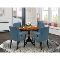 East West Furniture 5Piece Wooden Dining Set Consists of a Kitchen Dining Table and 4 Blue Linen Fabric Dining Room Chairs with