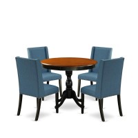 East West Furniture 5Piece Wooden Dining Set Consists of a Kitchen Dining Table and 4 Blue Linen Fabric Dining Room Chairs with