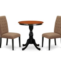 East West Furniture 3Piece Mid Century Dining Set Include a Dining Table and 2 Light Sable Linen Fabric Padded Chairs with Butt