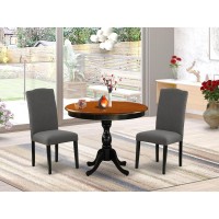 East West Furniture 3Pc Wooden Dining Set Includes a Wood Table and 2 Dark Gotham Grey Linen Fabric Kitchen Chairs with High Ba