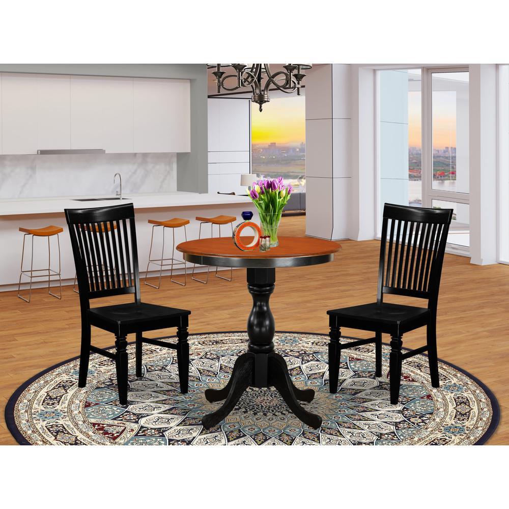 East West Furniture 3Piece Dining Set Include a Wooden Dining Table and 2 Dining Chairs with Slatted Back Black Finish