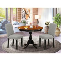 East West Furniture 3Pc Dinning Room Set Contains a Round Dining Room Table and 2 Shitake Linen Fabric Dinner Chairs with High