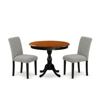 East West Furniture 3Pc Dinning Room Set Contains a Round Dining Room Table and 2 Shitake Linen Fabric Dinner Chairs with High