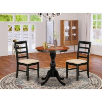 East West Furniture 3Piece Dining Room Set Include a Wood Table and 2 Linen Fabric Kitchen Chairs with Ladder Back Black Fini