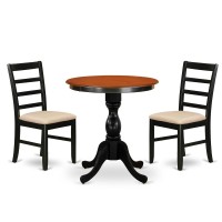 East West Furniture 3Piece Dining Room Set Include a Wood Table and 2 Linen Fabric Kitchen Chairs with Ladder Back Black Fini