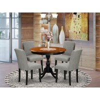 East West Furniture 5Piece Wood Dining Set Includes a Mid Century Dining Table and 4 Shitake Linen Fabric Parson Chairs with Hi