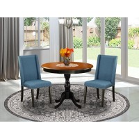 East West Furniture 3Pc Dinning Room Set Includes a Wood Kitchen Table and 2 Blue Linen Fabric Dinning Chairs with High Back