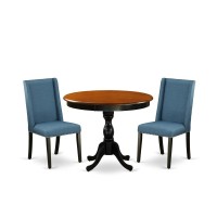 East West Furniture 3Pc Dinning Room Set Includes a Wood Kitchen Table and 2 Blue Linen Fabric Dinning Chairs with High Back