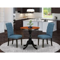 East West Furniture 3Piece Dining Room Set Include a Round Table and 2 Blue Linen Fabric Parson Chairs with Button Tufted Back