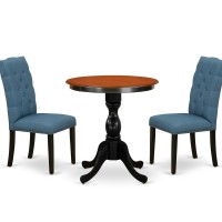 East West Furniture 3Piece Dining Room Set Include a Round Table and 2 Blue Linen Fabric Parson Chairs with Button Tufted Back