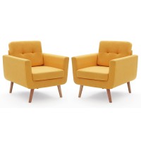 Tbfit Linen Fabric Accent Chairs Set Of 2, Mid Century Modern Armchair For Living Room, Bedroom Button Tufted Upholstered Comfy Reading Accent Chair Sofa(Banana Yellow)
